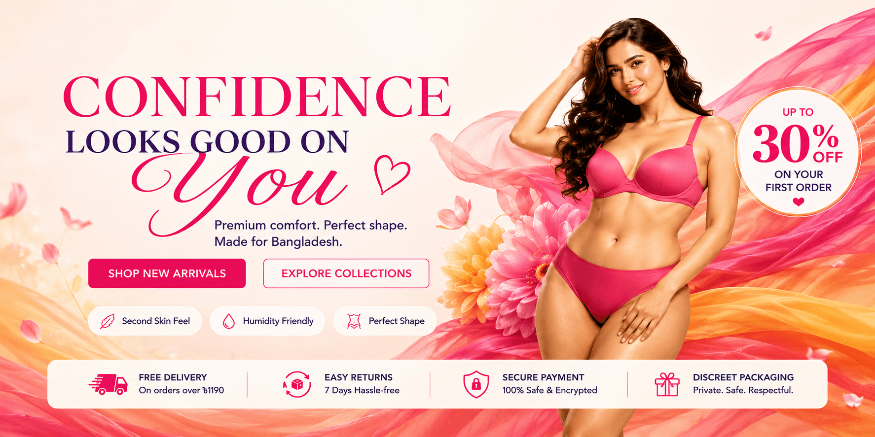 LEORVEL confidence banner with hot-pink opaque lingerie set, premium comfort message, and first order offer