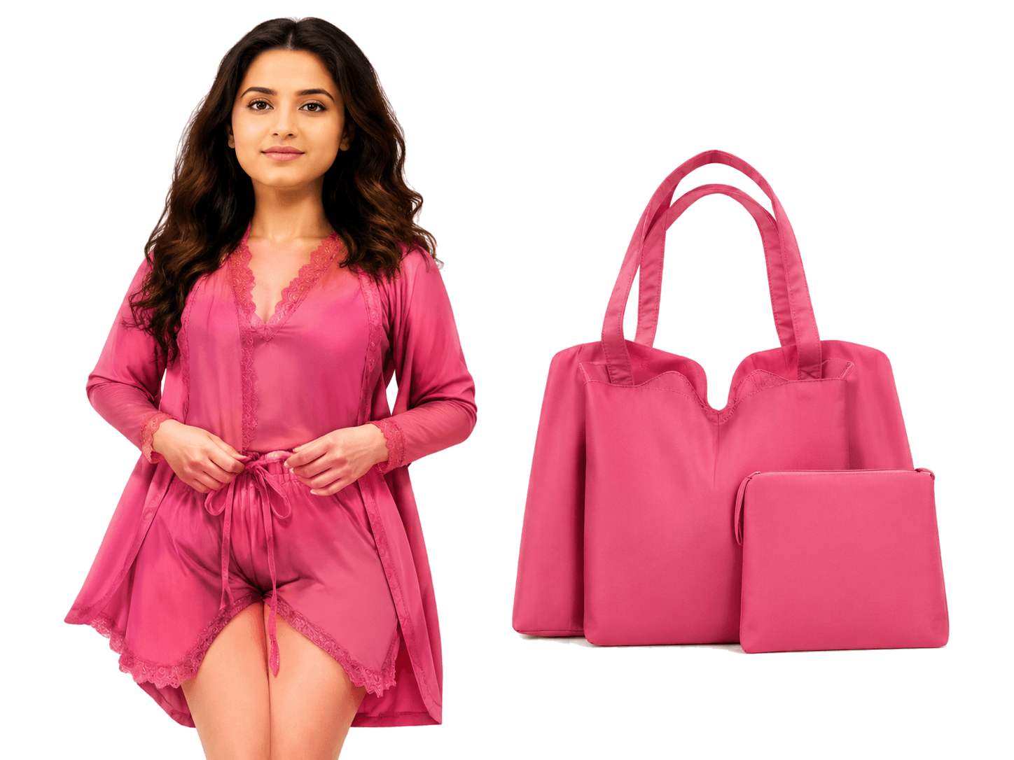Woman wearing a pink lounge set beside matching pink products
